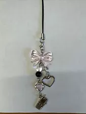 CUTE PINK AND BLACK BOW PHONE CHARM, PINK PEARL HEART, ACCESSORY, GIFTS FOR HER