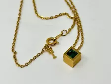 Vintage Goldone CROWN TRIFARI Green Rhinestone Small Cube Pendant 15" Necklace