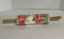 New ListingPioneer Woman Ceramic Rolling Pin Floral Sweet Rose Wood Handles Retired Pattern