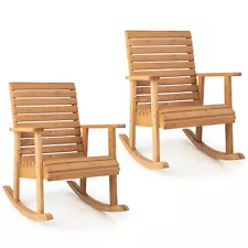 2 PCS Patio High Back Fir Wood Armchair Wooden Rocking Chair Natural Garden Yard