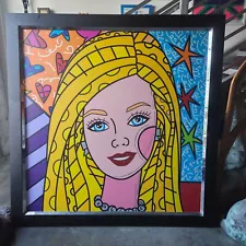 ENORMOUS ROMERO BRITTO DIGITAL PRINT OF BARBIE SIGNED ORIGINAL DRAWING ON VERSO