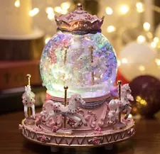 Music Box Carousel Horses Color Changing Lights Unicorn Snow Globe Fantasy Magic