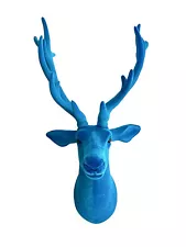 Deer with Antler Faux Taxidermy Wall Mount Blue Velvet Vintage Whimsical Decor