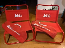 Pair Vintage REI Travel Trail Camping Chairs Red Metal Canvas Packable Foldable