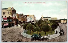 Postcard Alamo Plaza Park Horse Carriage Street Car, San Antonio TX Posted 1917