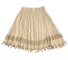 Krazy Kat Skirt Womens XL Beige Full Crinkle Crochet Trim Boho Prairie Gypsy