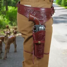 Gun Holster Belt Western Leather Cowboy Tooled Pistol Revolver Dark Red