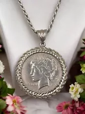 1934 Peace Dollar in Ornate Bezel 925 Sterling Silver 30" Rope Chain Necklace