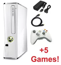 Xbox 360 Slim White, Bundle Controller Cables, HDD, 5 Video Games, Microsoft