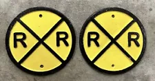 Pair of RAILROAD CROSSING 6” Diameter Yellow Cast Iron Railroad Track Signs