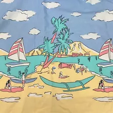 Beach Scene Cotton Fabric Sailboats Sunbathers Clouds Nautical Blue 3 1/3 Yards