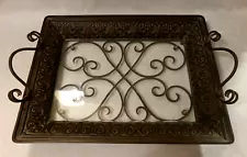 ANTIQUED METAL and WROUGHT IRON SERVING TRAY w/2 SIDE HANDLES, CLEAR GLASS BED