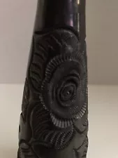 MEXICAN OAXACA BLACK CLAY POTTERY BARRO NEGRO ETCHED ROSES 6” BUD VASE