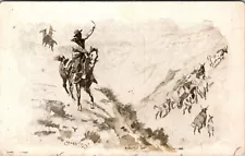 Cowboy on Horseback at Roundup Art Painting by Charles M. Russell Postcard H891