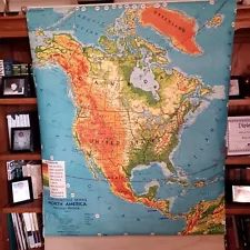 Vintage School Pull Down Map NORTH AMERICA 1950's Large Canvas Roll Down Map