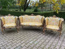 Elegant French Louis XVI 3-Piece Sofa Set - Gold Damask. Made when ordered