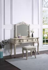 Vintage Bedroom Vanity Set w Stool Antique White Color Drawer Mirror Wooden Desk