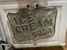 Ice Cream Soda Sign 26”x 20” Embossed Stamped Letters Antique Finish Rusted