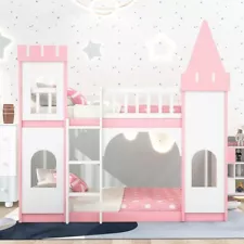 Twin Over Twin Kids Castle Bunk Beds Wood Bed Frame with Ladder For Boys Girls