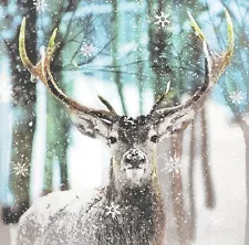 N043# 3 x Single Paper Napkins For Decoupage Snowing Deer Head Blue Green Winter