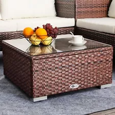 Brown Outdoor Square 25 Inch Wicker Coffee Glass Table For Patio Clearance Sale