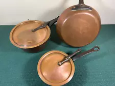 VINTAGE MADE IN FRANCE HEAVY COPPER /TIN SET OF 2 POT'S WITH LIDS & FRYING PAN