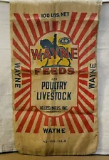 Vintage Wayne Burlap Feed Sack, For Poultry & Livestock Allied Mills Chicago IL