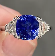 GIA Certified Unheated 3.7 Ctw Vivid Blue Sapphire & E VVS Diamond 18K Gold Ring