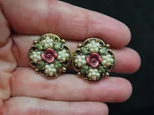 Vintage "1928 Jewelry" Seed Pearl & Rose Motif Clip Earrings