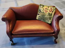 Vintage Dollhouse 1:12 miniature leather sofa with needlepoint pillow