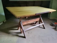 1950's Full Size Vintage Solid Oak Drafting Table Maple Top Cast Iron Hardware