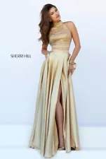 Sherri Hill 11330 Gold Sparkling 2 Piece Prom Gown Dress sz 2