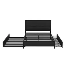 Metal Full Size Storage Platform Bed with Twin Size Trundle and 2 Drawers Black