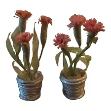 (2) Miniature Dollhouse Potted Plants Pink Flowers Carnation Wicker Pot 2.5"
