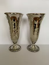 BEST PAIR 19TH CENTURY TALL MERCURY GLASS VASES BIRDS TREES ETCHED GOLD INTERIOR