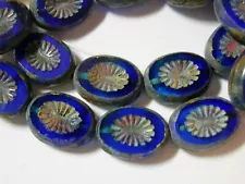 10 14x11mm Cobalt Blue Travertine Czech Glass Starburst Oval Kiwi Beads