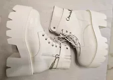 Women White Boots Faux Leather Lace Up Combat Female Shoes Woman