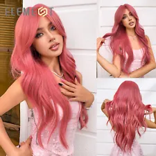 Long Pink Red Wigs with Bangs Wavy Synthetic Wig for Women Daily Party Cosplay