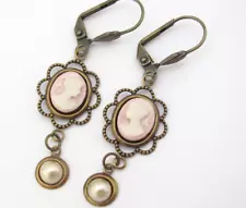 Cameo Earrings Art Deco Antiqued Brass Faux Pearl Neo Victorian Artisan USA Gift