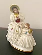 Dresden Figurine Porcelain Lace Mother Daughter Little Girl Dresses 7" high