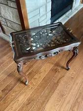 Antique Hand Carved Mahogany Tea Table w/ Removable Glass Serving Tray