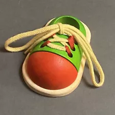 Plan Toys Wooden Tie-Up Shoe Wood Lace Educational Learning Teaching Red Green