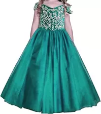 Jenniferwu long gown kid little Girl Pageant party formal Dress green 3-4years