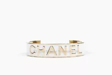 NEW WITH TAGS Authentic Chanel 22S White Enamel & Gold CC Cuff Bangle Bracelet