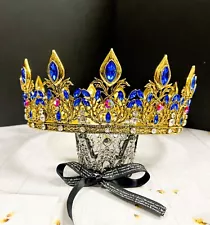 Gold King Crown for Men's, Blue Sapphire Crystal Crown, Royal Prince Diadem