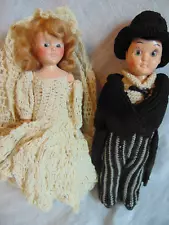 1950's Bride & Groom Dolls in Hand-Crocheted Wedding Outfits-HP-7"-SWEET- SALE