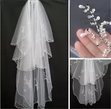 White Bridal Veil 2T Veils for Bride Edge Crystal Beaded Wedding Veil With Comb