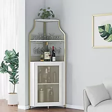 Corner Wine Cabinet with Removable Wine Rack, Wine Bar Cabinet with Barn Door...