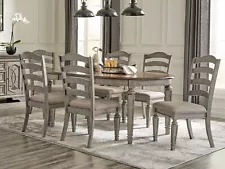 ON SALE Cottage Rustic Gray & Brown Round Oval Dining Table & 6 Chairs Set IC10