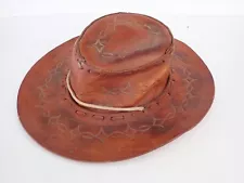 Vintage HAND TOOLED Mexico Cowboy Hat LEATHER Brown Handcrafted hippie boho